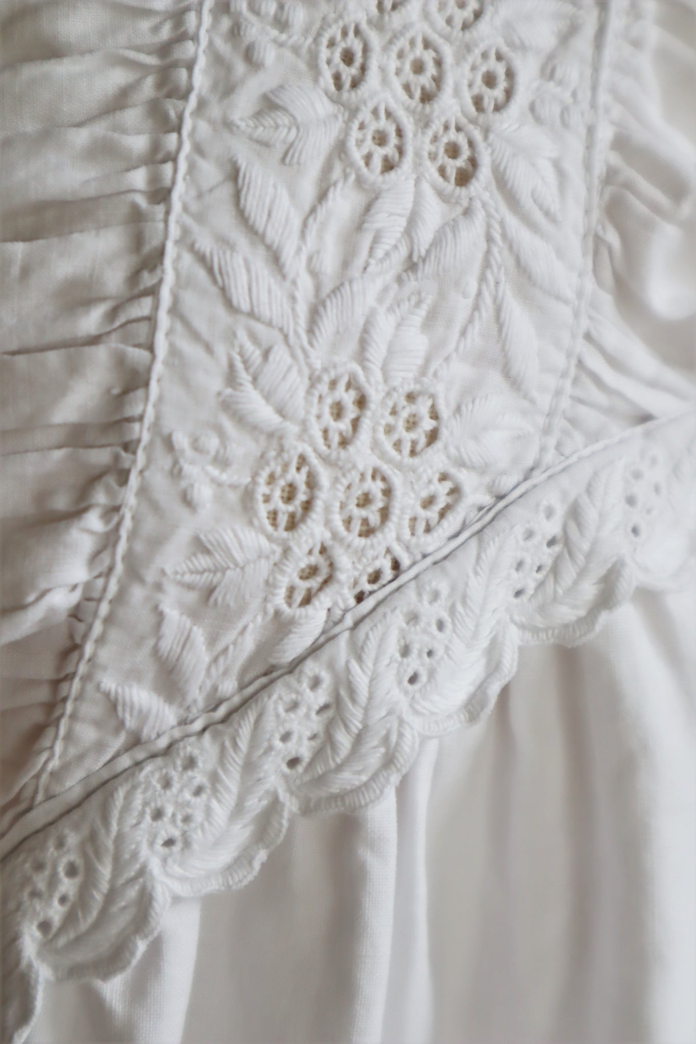 1900s Hand Embroidery Gather Design White Cotton Long Dress