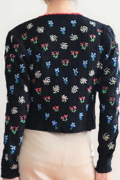 70s Hand Knit Black Flower Garden Austrian Cardigan