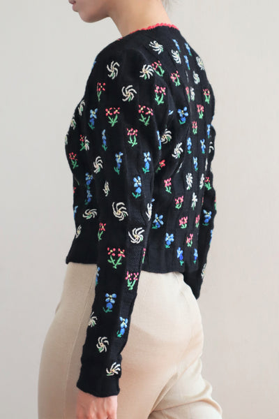 70s Hand Knit Black Flower Garden Austrian Cardigan