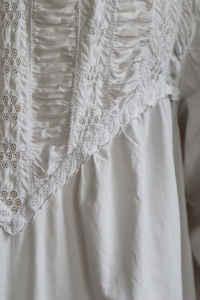 1900s Hand Embroidery Gather Design White Cotton Long Dress