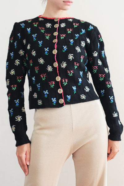 70s Hand Knit Black Flower Garden Austrian Cardigan