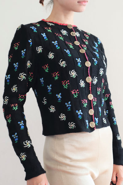 70s Hand Knit Black Flower Garden Austrian Cardigan