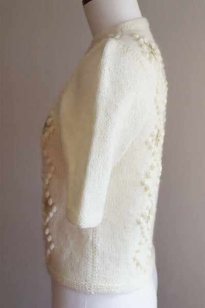 60s Austrian Hand Knit Cream Wool Short Sleeves Cardigan