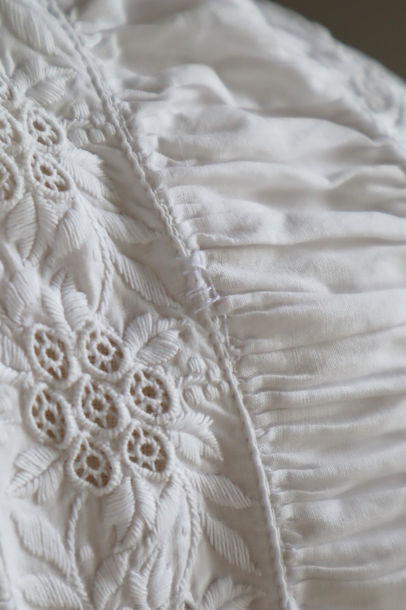 1900s Hand Embroidery Gather Design White Cotton Long Dress