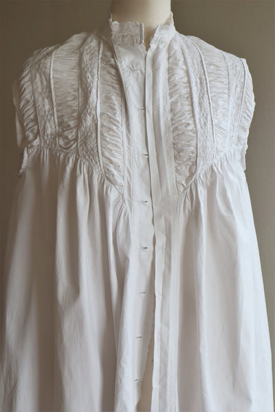 1900s Hand Embroidery Gather Design White Cotton Long Dress