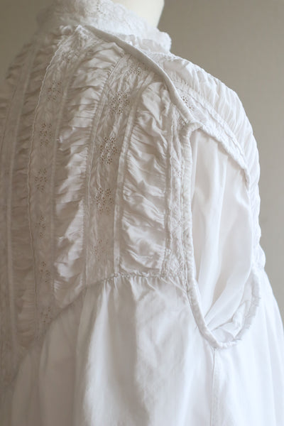 1900s Hand Embroidery Gather Design White Cotton Long Dress