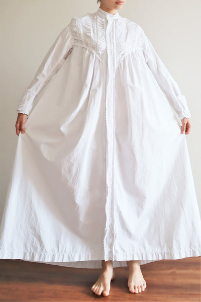 1900s Hand Embroidery Gather Design White Cotton Long Dress