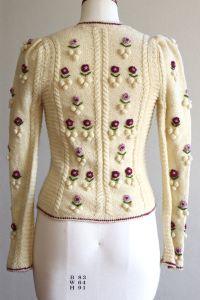 80s Beautiful Purple Flower Embroidery Cream Austrian Cardigan