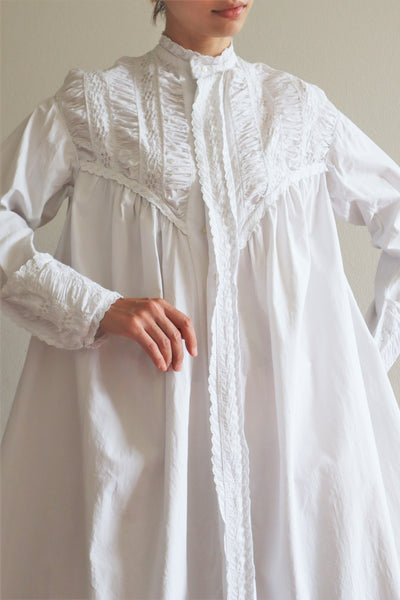 1900s Hand Embroidery Gather Design White Cotton Long Dress