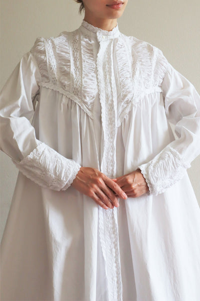 1900s Hand Embroidery Gather Design White Cotton Long Dress