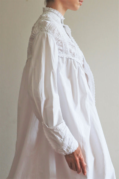 1900s Hand Embroidery Gather Design White Cotton Long Dress