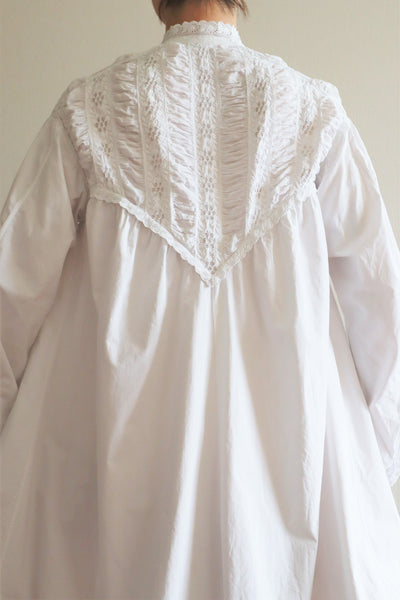 1900s Hand Embroidery Gather Design White Cotton Long Dress