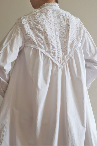 1900s Hand Embroidery Gather Design White Cotton Long Dress