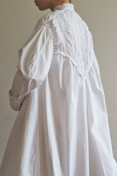 1900s Hand Embroidery Gather Design White Cotton Long Dress