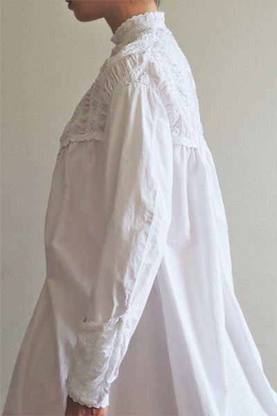 1900s Hand Embroidery Gather Design White Cotton Long Dress