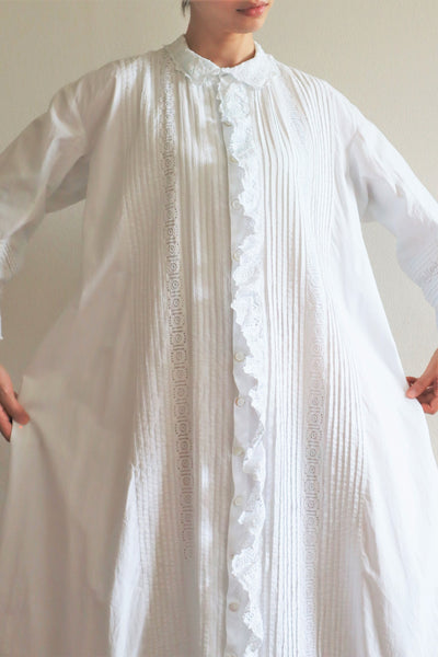 1900s Hand Embroidery Beautiful Tuck Design White Cotton Long Dress