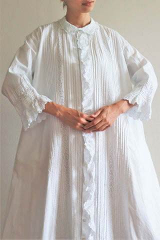 1900s Hand Embroidery Beautiful Tuck Design White Cotton Long Dress