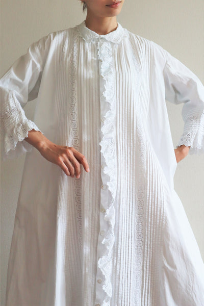 1900s Hand Embroidery Beautiful Tuck Design White Cotton Long Dress