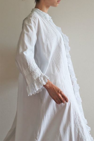 1900s Hand Embroidery Beautiful Tuck Design White Cotton Long Dress