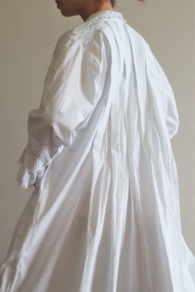 1900s Hand Embroidery Beautiful Tuck Design White Cotton Long Dress