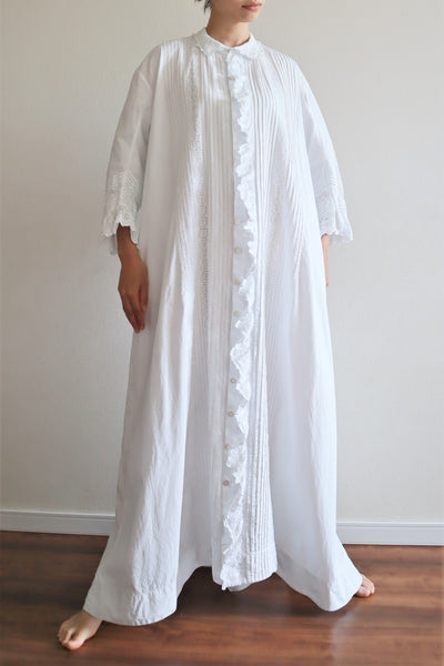 1900s Hand Embroidery Beautiful Tuck Design White Cotton Long Dress