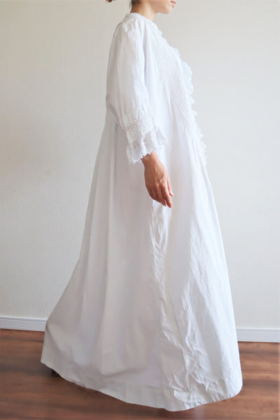 1900s Hand Embroidery Beautiful Tuck Design White Cotton Long Dress