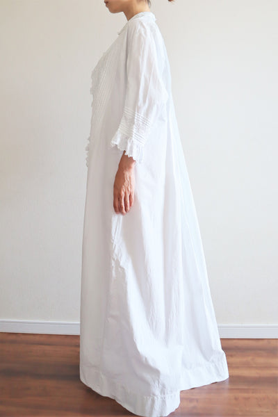 1900s Hand Embroidery Beautiful Tuck Design White Cotton Long Dress