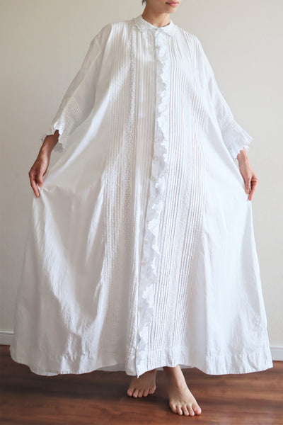 1900s Hand Embroidery Beautiful Tuck Design White Cotton Long Dress