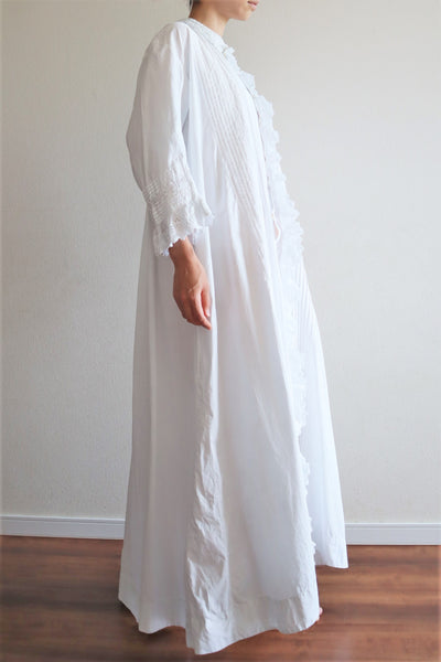 1900s Hand Embroidery Beautiful Tuck Design White Cotton Long Dress