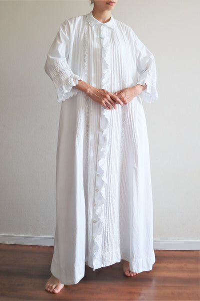 1900s Hand Embroidery Beautiful Tuck Design White Cotton Long Dress