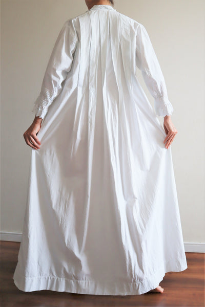 1900s Hand Embroidery Beautiful Tuck Design White Cotton Long Dress