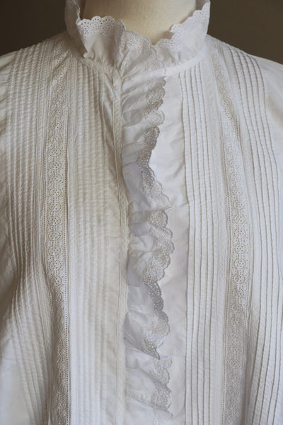 1900s Antique French White Cotton Blouse Embroidered Pleats Ruflfe