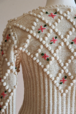 Austrian Hand knit Cardigan Pink flower Embroidered Off White