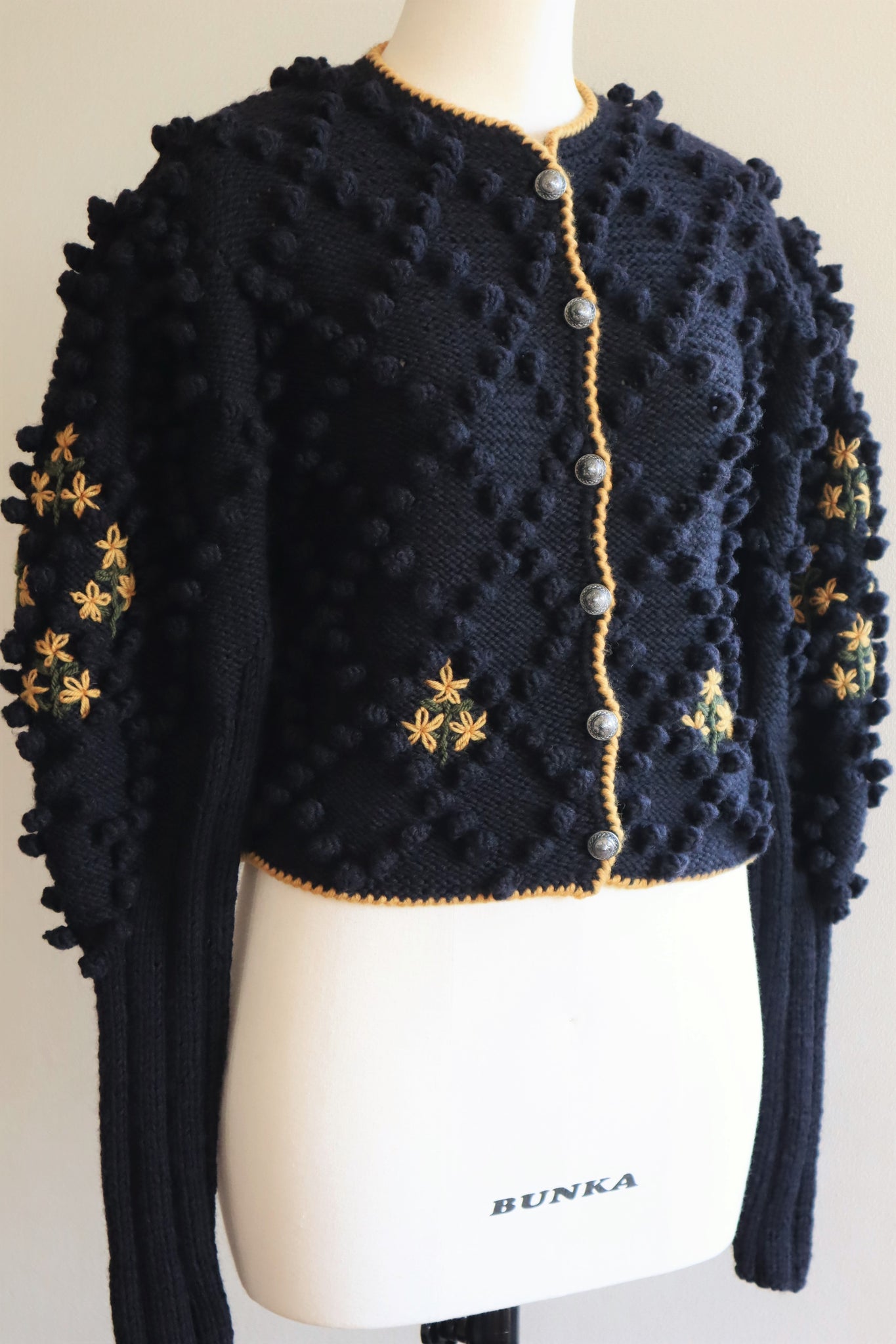 80s Voluminous Black Pom Pom Hand Knitted Austrian Cardigan