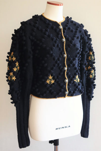 80s Voluminous Black Pom Pom Hand Knitted Austrian Cardigan