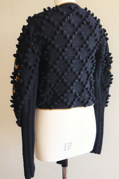 80s Voluminous Black Pom Pom Hand Knitted Austrian Cardigan