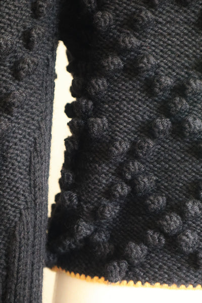 80s Voluminous Black Pom Pom Hand Knitted Austrian Cardigan