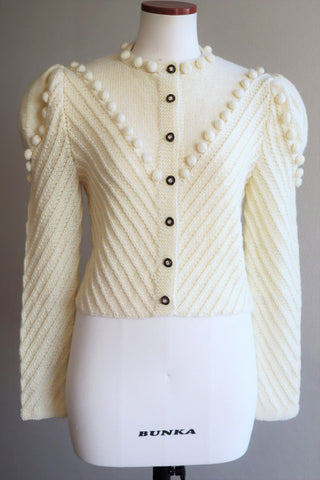 80s Puff Sleeve Pom Pom Hand Knitted Austrian Cardigan