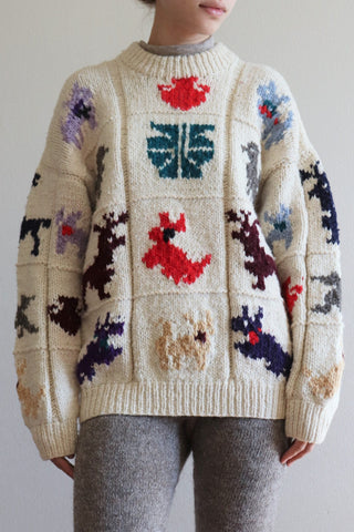 Hand-Knitted Wool Sweater With Colorful Animal