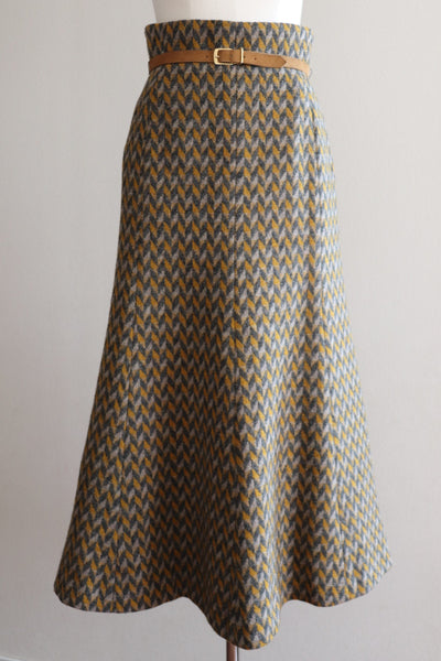 60s Wool Flare Long Skirt Mustard And Grey Herringbone