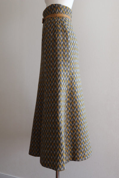 60s Wool Flare Long Skirt Mustard And Grey Herringbone