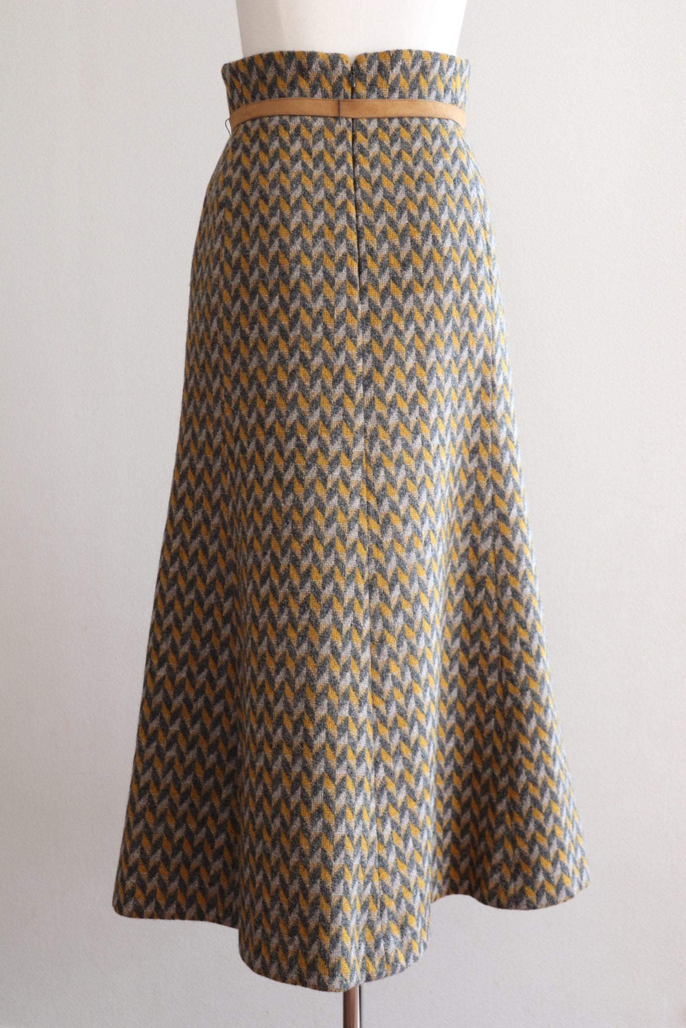 60s Wool Flare Long Skirt Mustard And Grey Herringbone