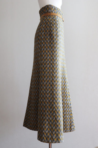 60s Wool Flare Long Skirt Mustard And Grey Herringbone