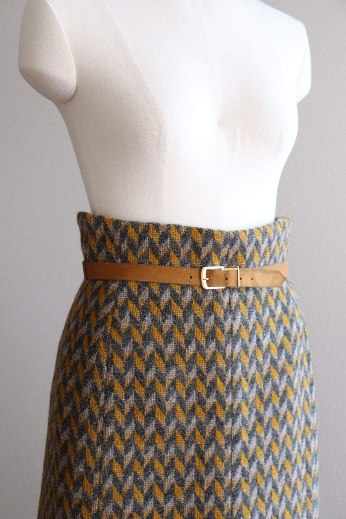 60s Wool Flare Long Skirt Mustard And Grey Herringbone