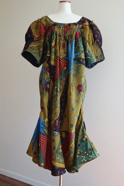 80s Puff Sleeve African Print Dress