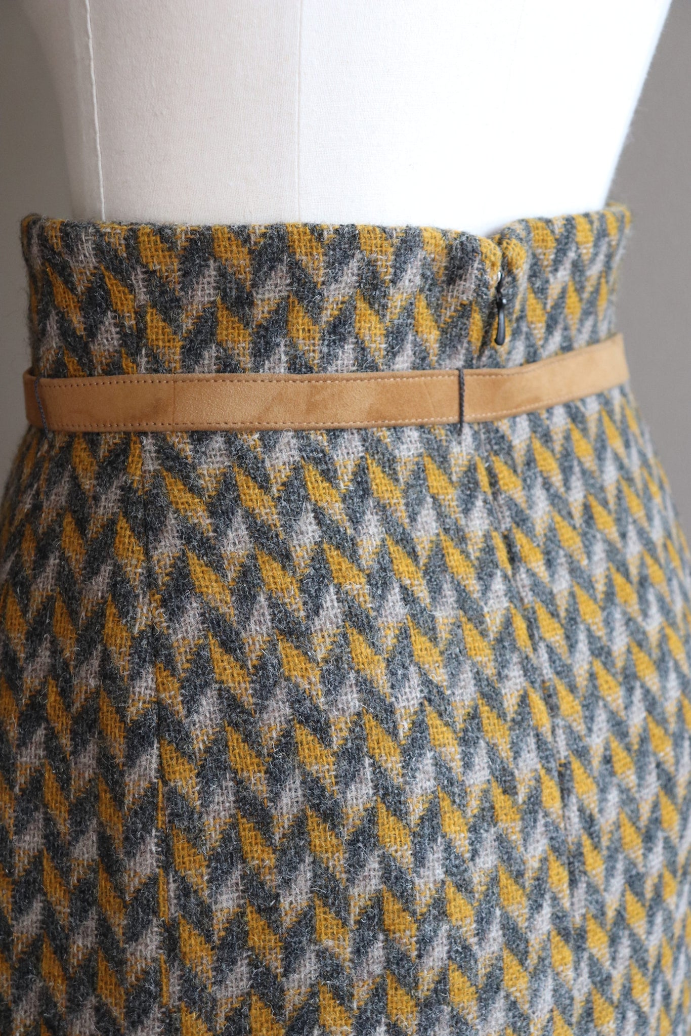 60s Wool Flare Long Skirt Mustard And Grey Herringbone