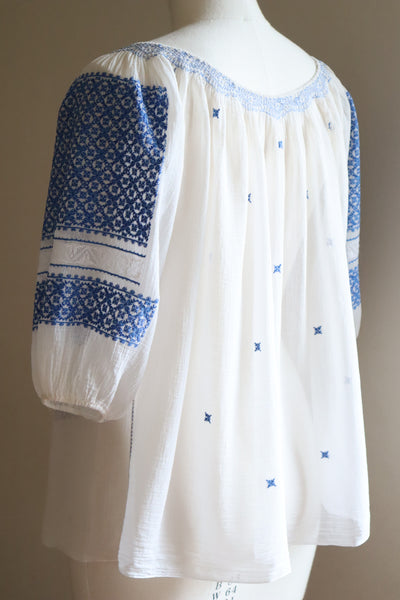 1940s Blue Embroidered Short Sleeves Romanian Blouse