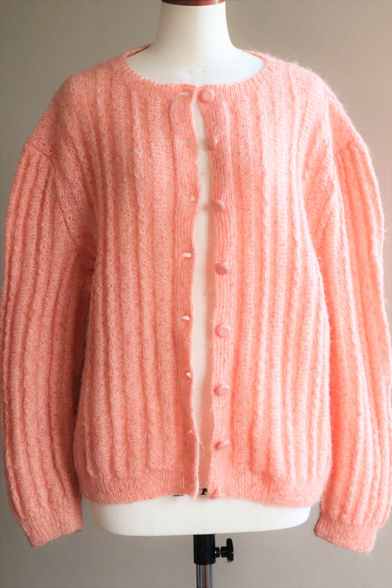 80s Hand Knit Pale Peach Mohair Cardigan