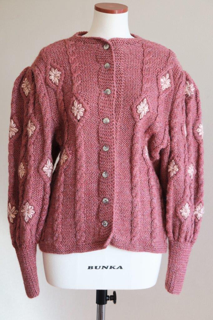 Austrian Hand Knit Cardigan Embroidered Flowers Dull Pink