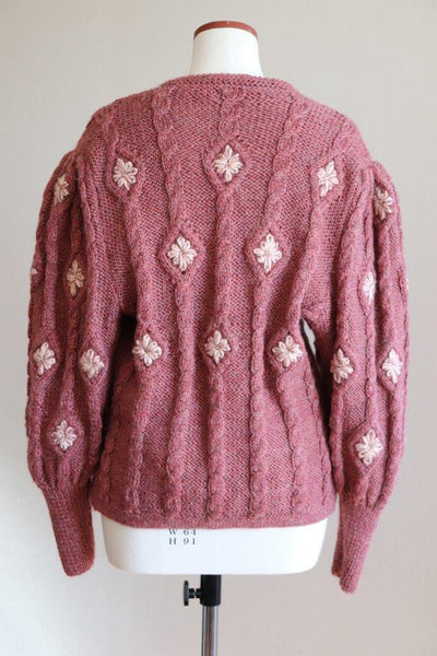 Austrian Hand Knit Cardigan Embroidered Flowers Dull Pink